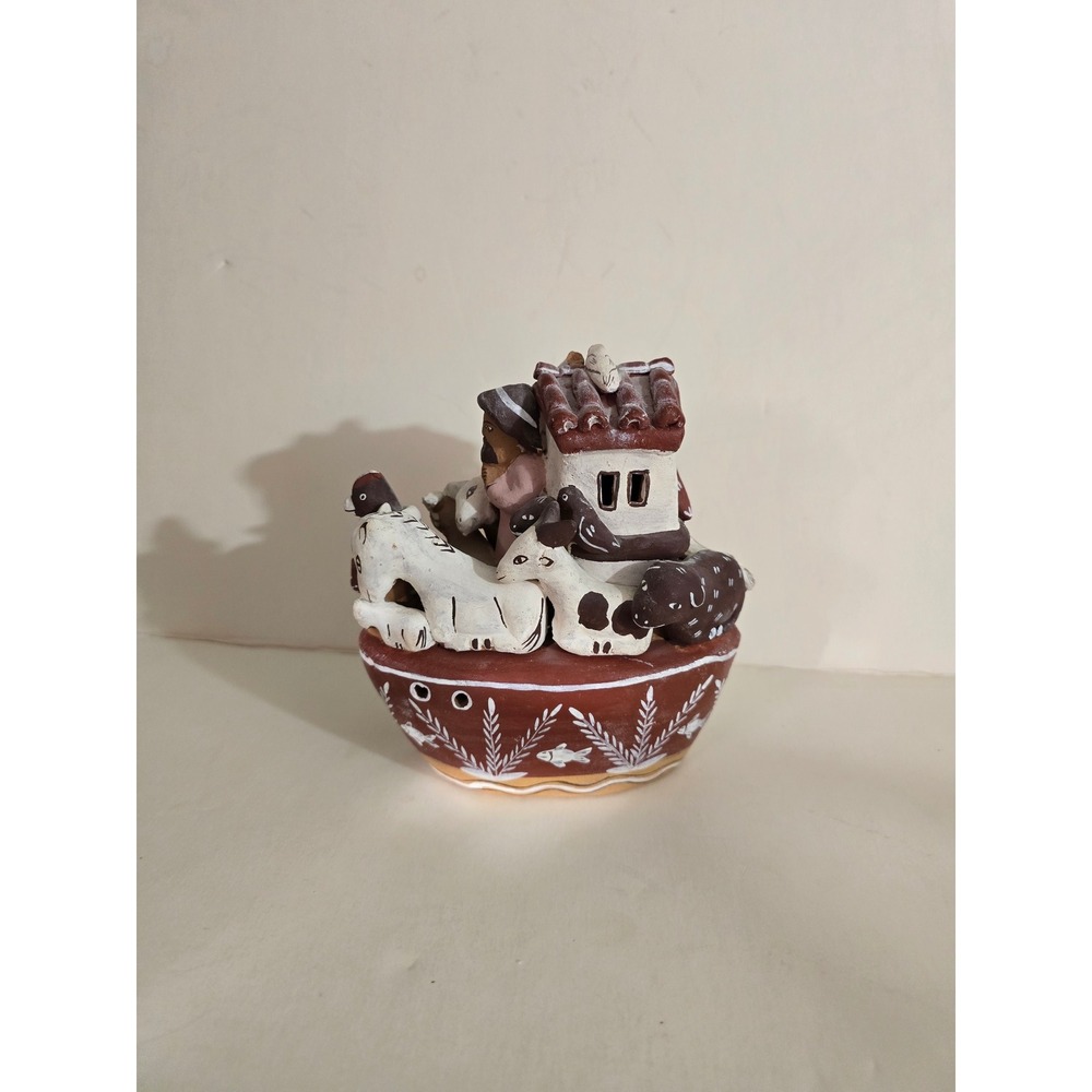 Peruvian Folk Art Noahs Ark Pottery Clay Figurine Hand Painted Peru Decor